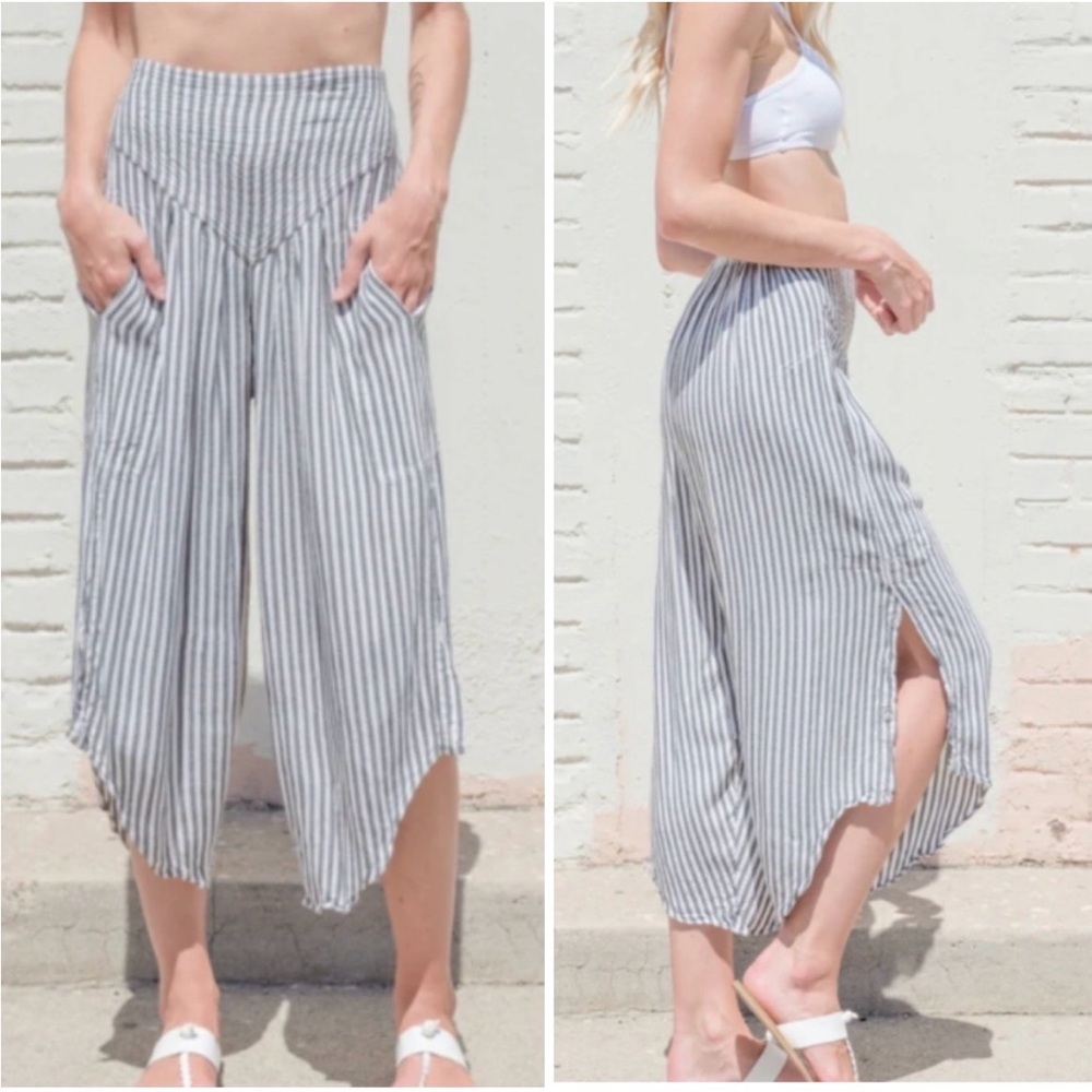 MAHINA Hawaii Striped Capri Asymmetrical Hem Boho Pants